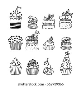 Set black and white doodle cakes for coloring book, decorating.