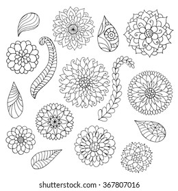 Set of black and white doodle flowers and leaves. Hand drawn vector design elements.