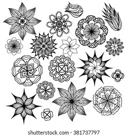 Set of black and white doodle flowers. Vector element for invitations, greeting cards, and your creativity