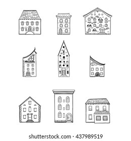 Set of black and white doodle houses, hand-drawn monochrome sketch house, isolated, EPS 8
