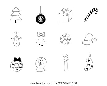 Juego de íconos de doodle en blanco y negro para Navidad y Año Nuevo