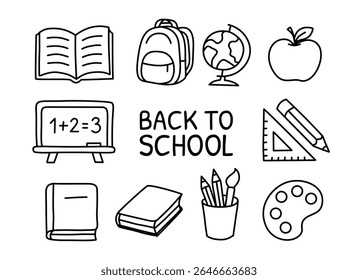 Set of black and white doodle icons with school theme including books, backpack, globe, chalkboard, pencil, paint, and more. Perfect for educational content, stationery, or kids' design.