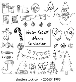 Set of Black and white doodle illustration by Mary Christmas, snowmen, mittens, gifts, Christmas trees, candies and garlands.