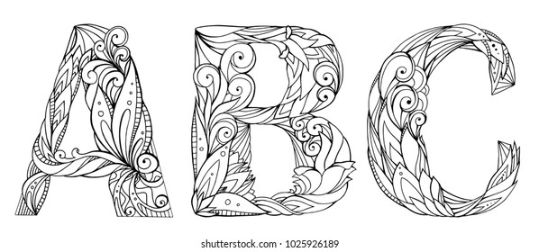 Set of black and white doodle letters with pattern. Alphabet. Coloring for adults. Vector element for your design.