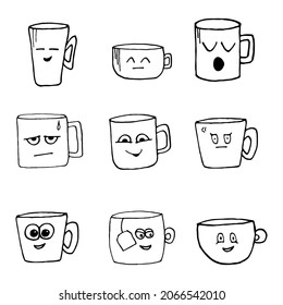 A set of black and white doodle mugs with muzzles and emotions