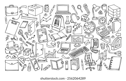 a set of black and white doodle pictures of stationery for office and school, hand-drawn in a cartoon style.