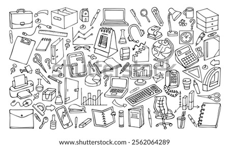 a set of black and white doodle pictures of stationery for office and school, hand-drawn in a cartoon style.