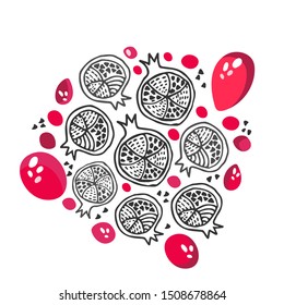 Set with black and white doodle pomegranates and colorful ruby grains - different forms and styles, hand drawn painting or sketch, bicolor. Decoration for paper design or textile. Bicolor fruit set