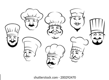 Set of black and white doodle sketch outline smiling chefs or cooks heads logo wearing their traditional toques