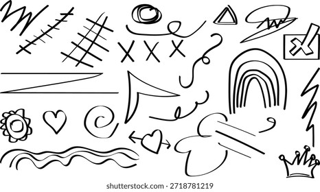 Ein Satz schwarz-weißer Doodles, einschließlich Formen, Linien und dekorativen Elementen