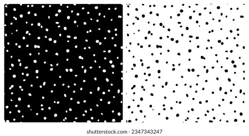 Conjunto de puntos blancos y negros con un patrón de repetición ininterrumpido. Formas geométricas monocromáticas vectoriales colocadas al azar por toda la superficie.