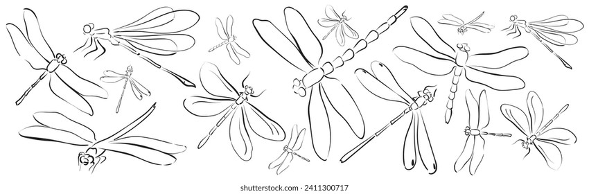 A set of black and white dragonflies of different sizes and shapes drawn with lines. For design, decoration, wedding invitations, cards.