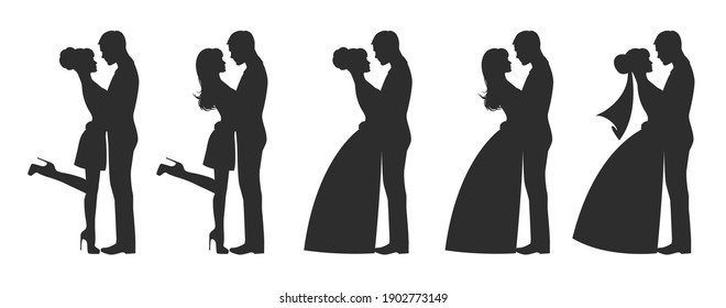 Set of Black and white drawing images of a kissing couple. Lovers, kiss. Wedding themes. Valentine's Day. Vector illustration