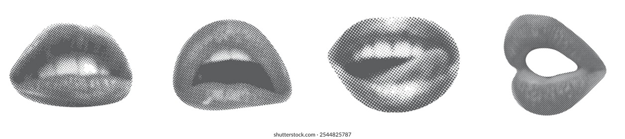 A set of black and white drawing of the lips, halftone dots background, dot effect lips with various expressions.