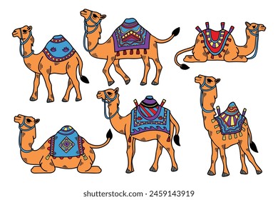 A set of black and white drawings of camels with different colored blankets. The camels are all different sizes and are sitting or standing in various poses