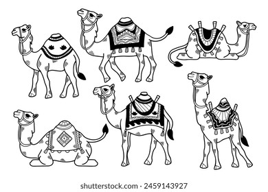 A set of black and white drawings of camels with different colored blankets. The camels are all different sizes and are sitting or standing in various poses