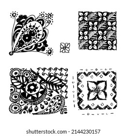 A set of black and white drawings in the doodle style. Isolated decorative elements on a white background
