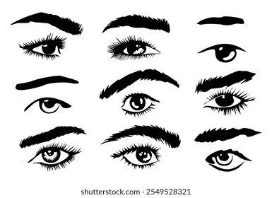  Conjunto de dibujos en blanco y negro de ojos y cejas de diferentes Formas y tamaños. Clipart de Ilustración vectorial monocromo aislado sobre fondo blanco.