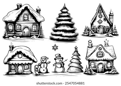 A set of black and white drawings of houses and a Christmas tree. The houses are all different styles and sizes, and the tree is in the middle of the scene. Scene is cozy and festive