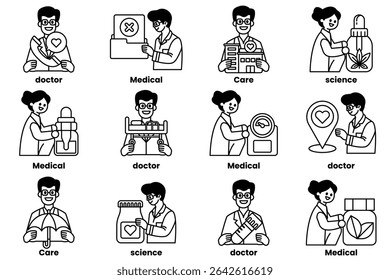 A set of black and white drawings of people in medical professions. The drawings are of doctors, nurses, and other medical professionals. The images are arranged in a grid