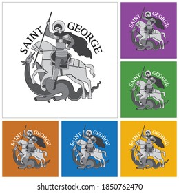 Set of black and white drawings of Saint George on horse fighting the Dragon, in stylized way and colorful backgrounds. Vector illustration.
