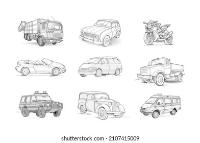 Set of black and white drawings of transports. Imaginary illustration of automobiles, cars and motorbike. Hand-drawn doodle pencil sketch of transportation. Vector images for children encyclopedia.