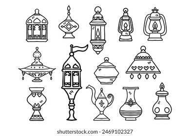 A set of black and white drawings of various lamps and vases. Scene is whimsical and playful, with the various shapes and sizes of the lamps and vases creating a sense of variety and interest