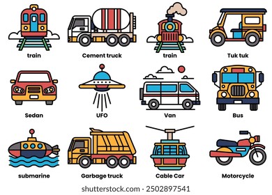 A set of black and white drawings of various vehicles, including cars, buses, trains, and trucks