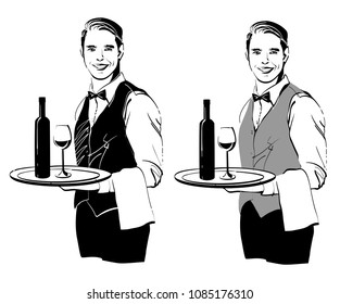 Ð� set of black and white drawings of the waiter with a tray. You can replace the gray color with any other one. Isolated objects, vector illustration