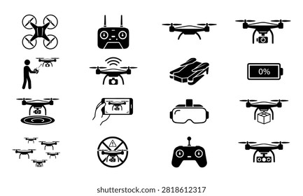 Set of black and white drone technology icons featuring remote controls cameras flight paths and aerial photography