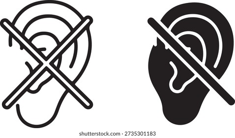 Set of black and white ear icons with a cross through them representing deafness and silence isolated on white background, illustration