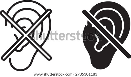 Set of black and white ear icons with a cross through them representing deafness and silence isolated on white background, illustration