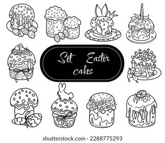  set  black and white Easter cakes on an isolated white background, hand-drawing 