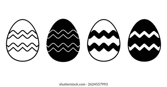Set of Black and White Easter Egg Icons with Wave Pattern Vector Design