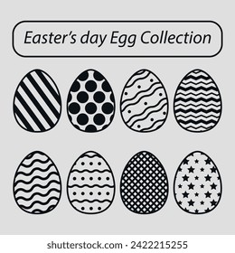 A set of black and white Easter eggs with a pattern. 8 pieces. Vector on a gray background