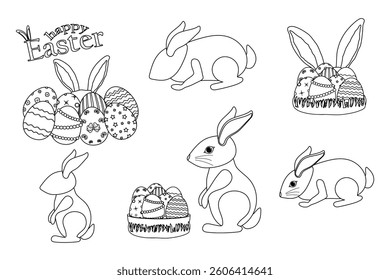 A set of black and white Easter-themed illustrations featuring Easter bunnies, ornate Easter eggs, and festive elements for coloring page. Rabbit Collection.