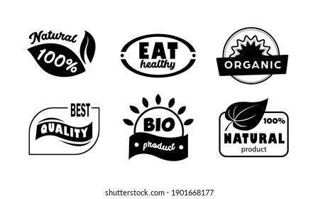 Conjunto de etiquetas ecológicas en blanco y negro. Alimentación orgánica, ilustración vectorial para el mercado alimentario, comercio electrónico, restaurante, vida sana y promoción de alimentos y bebidas de primera calidad.