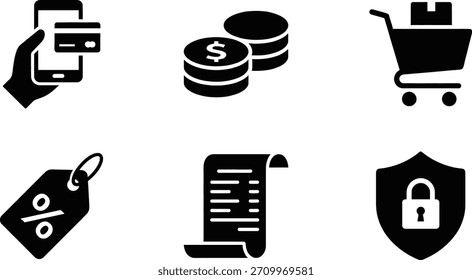 A set of black and white e-commerce icons including mobile payment, coins, shopping cart, discount tag, receipt, and security shield.