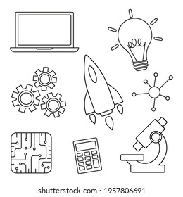 Set of black and white educational elements: laptop, microscope, light bulb, microcircuit, calculator, rocket, mallecules, gears. STEM education: science, technology, engineering, mathematics. Vector.