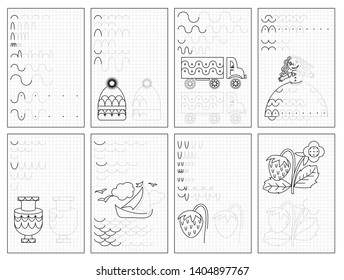 Set of black and white educational pages on square paper for kids. Printable worksheet for children textbook. Developing skills of counting, drawing, writing and tracing. Baby book. Back to school.