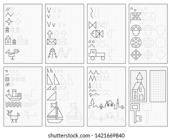 Set of black and white educational pages on square paper for kids. Printable worksheet for children textbook. Developing skills of counting, drawing, writing and tracing. Baby book. Back to school.