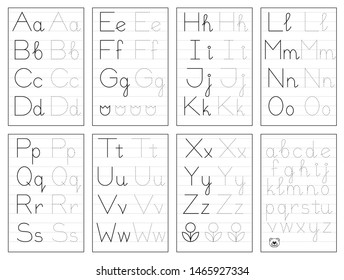 Set of black and white educational pages on line for kids. Trace alphabet letters. Printable worksheet for children textbook. Developing skills of writing. Vector for baby book. Back to school. svg