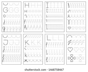 Set Of Black And White Educational Pages On Line For Kids Book. Trace Alphabet Letters From G To L. Printable Worksheet For Children Textbook. Developing Skills Of Writing. Back To School.