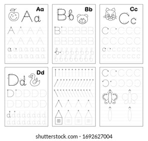 Set of black and white educational pages on line for kids. Learn to trace alphabet letters. Printable worksheet for children textbook. Developing writing skills. Back to school. ABC exercise book.