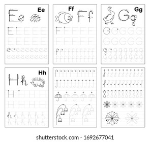 Set of black and white educational pages on line for kids. Learn to trace alphabet letters. Printable worksheet for children textbook. Developing writing skills. Back to school. ABC exercise book.