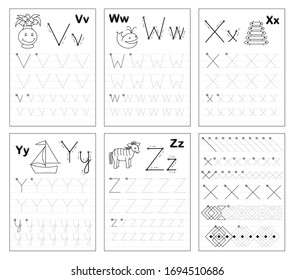 Conjunto de páginas educativas en blanco y negro en línea para niños. Aprenda a trazar letras del alfabeto. Hoja de cálculo impresa para libros de texto para niños. Desarrollando habilidades de escritura. De vuelta a la escuela. Libro de ejercicios ABC.