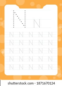 Set of black and white educational pages on line for kids book. Trace alphabet letters from N Printable worksheet for children textbook. Developing skills of writing. Back to school.