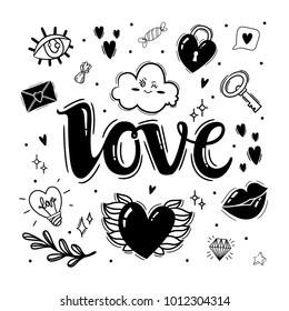 Set of black and white elements for design on Valentines Day or wedding. Valentine's Day theme doodle set. Traditional romantic symbols