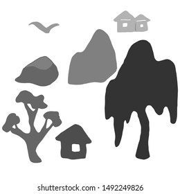 Set of black and white elements of the landscape. Wood, stone, house, etc.. Hand-drawn. Ready-made illustrations for postcards, posters, notebooks and design. Vector