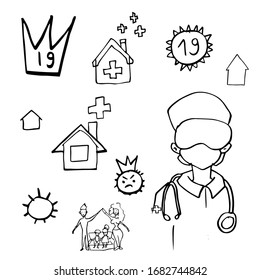 
set of black and white elements on a white background dedicated to the pondemic of coronavirus